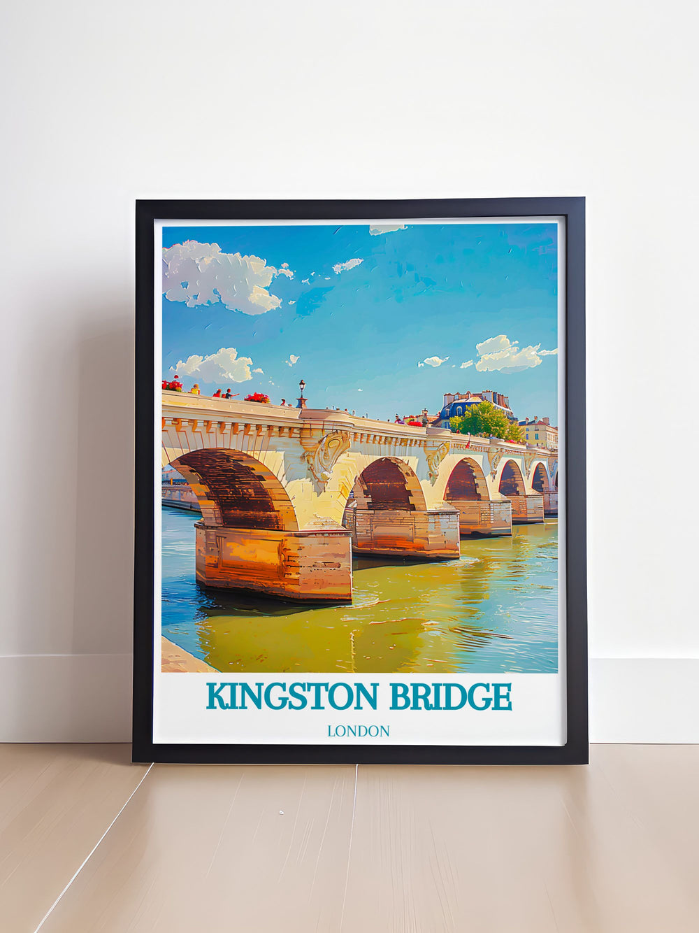 This detailed illustration of Kingston Bridge in London highlights its timeless elegance and historical importance, perfect for any wall art collection.