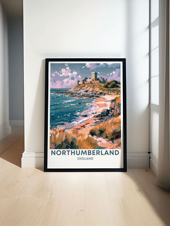 Vintage travel poster featuring the stunning Bamburgh Castle on the Northumberland Coast. Perfect for adding a touch of historical charm to your home decor and ideal as a gift for history enthusiasts and lovers of retro travel art.