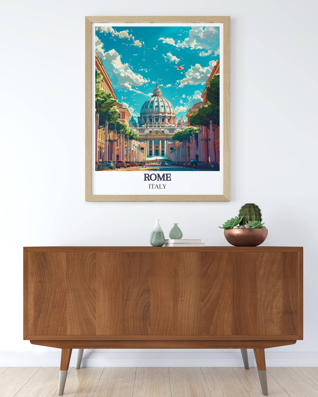 Charming Vatican City Wall Art illustrating the grandeur of Rome Italy. This beautiful Italy illustration offers a refined touch to your living space and serves as a unique travel gift.