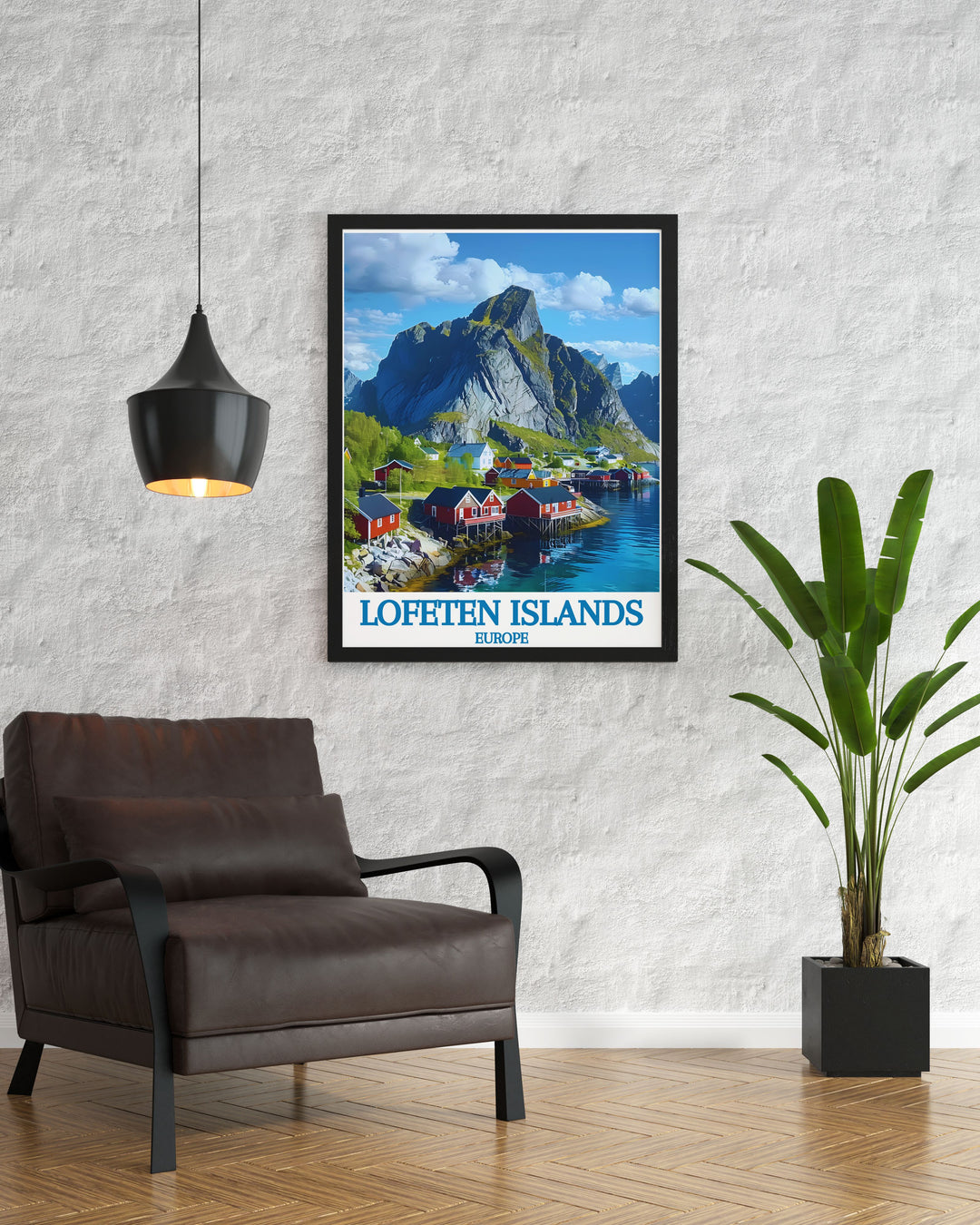 Framed art print of the Lofoten Islands, Norway, highlighting the serene beauty of Hamnøy. The artwork features the picturesque red cabins, the majestic mountains, and the clear fjord waters, offering a beautiful blend of natural beauty and Scandinavian charm. The detailed illustration and vibrant colors make this framed art a standout piece in any home decor.