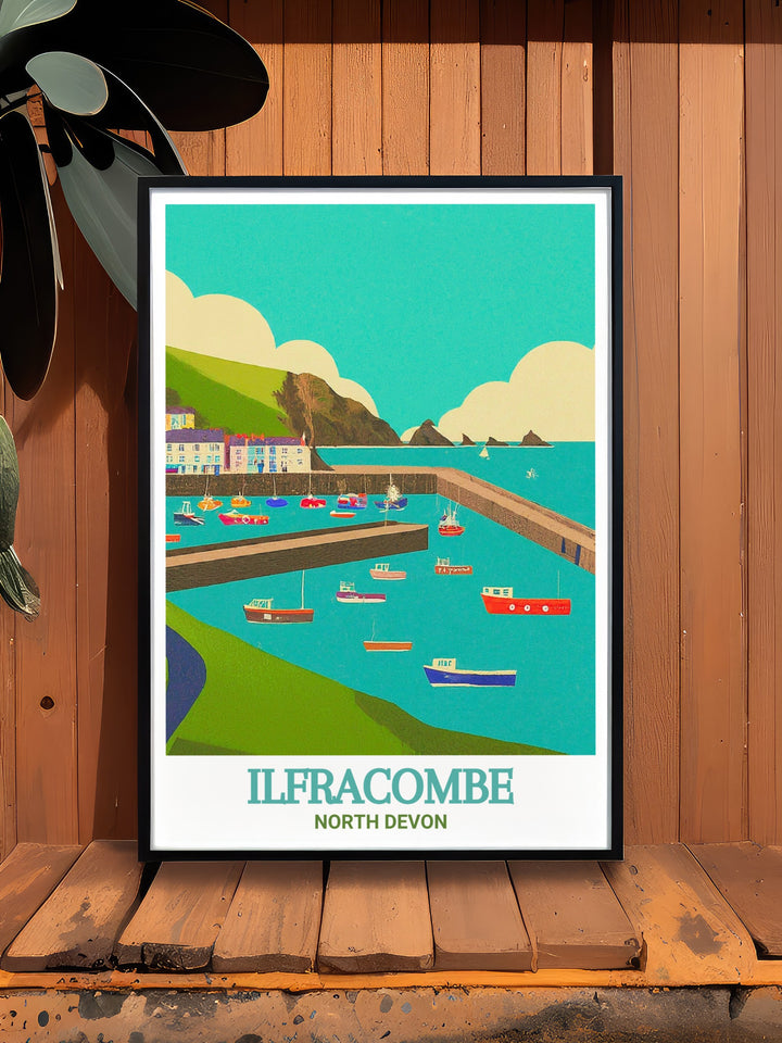 Ilfracombe Harbour wall art capturing the unique blend of natural beauty and human activity in this historic seaside town. This print is ideal for those who love maritime culture and coastal landscapes.