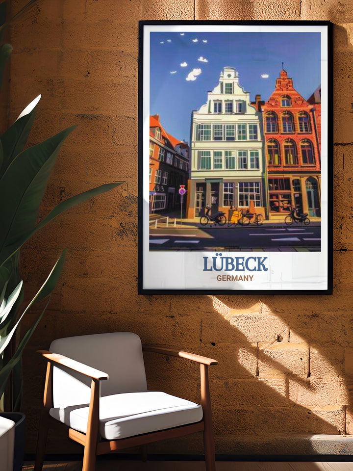 Add a touch of elegance to your living space with this Lubeck art print featuring the famous Buddenbrook House a perfect choice for Germany travel art lovers who want to bring the charm and history of Lubeck into their home decor with a beautifully crafted piece