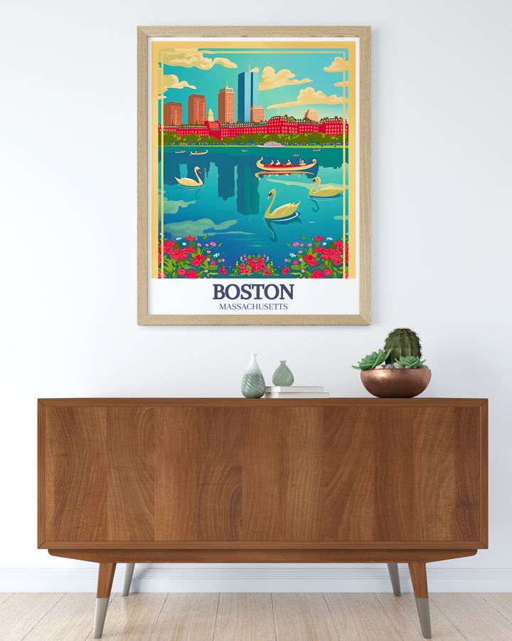 Boston Travel Print beautifully depicts the Charles River winding through the city, with the Boston Financial District providing a stunning backdrop. This artwork is perfect for those who appreciate the balance of nature and city life, adding a touch of Boston to any room.