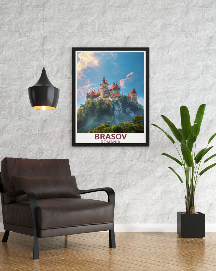 Captivating travel print of Brasov Romania displaying the scenic beauty and historic significance of Bran Castle. An exquisite piece for any art and collectibles lover.