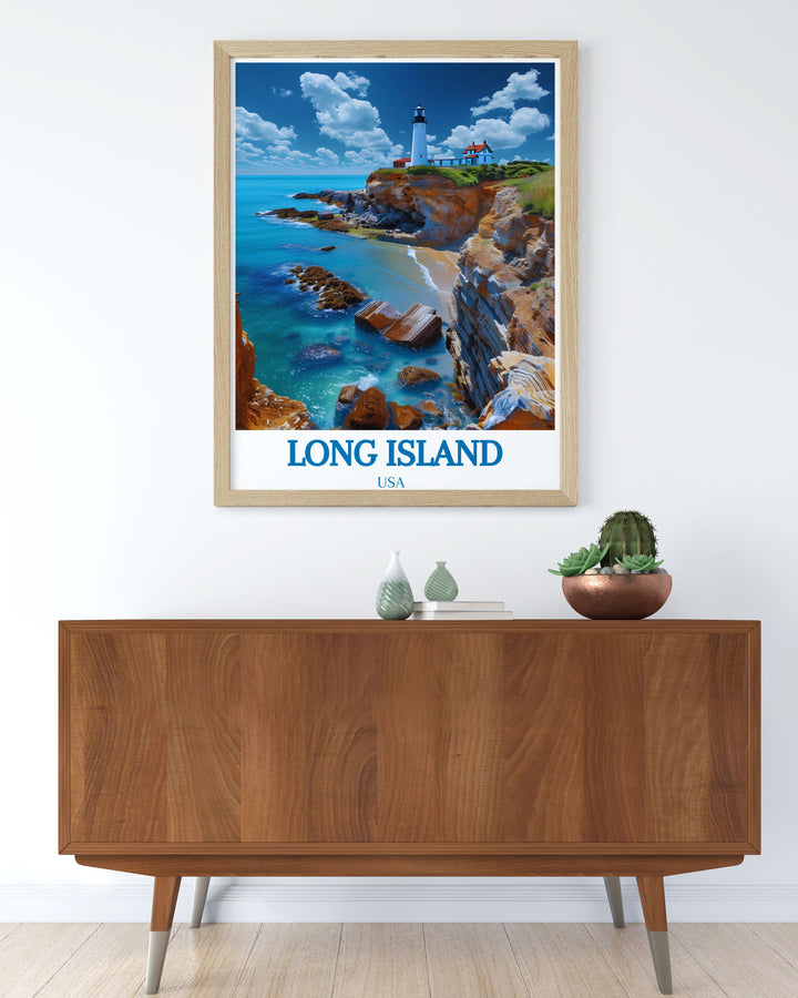 This detailed travel poster of Long Island and Montauk Point Lighthouse illustrates the unique beauty of New Yorks coastal destinations, from vibrant beach scenes to historic landmarks, ideal for any art lovers collection.