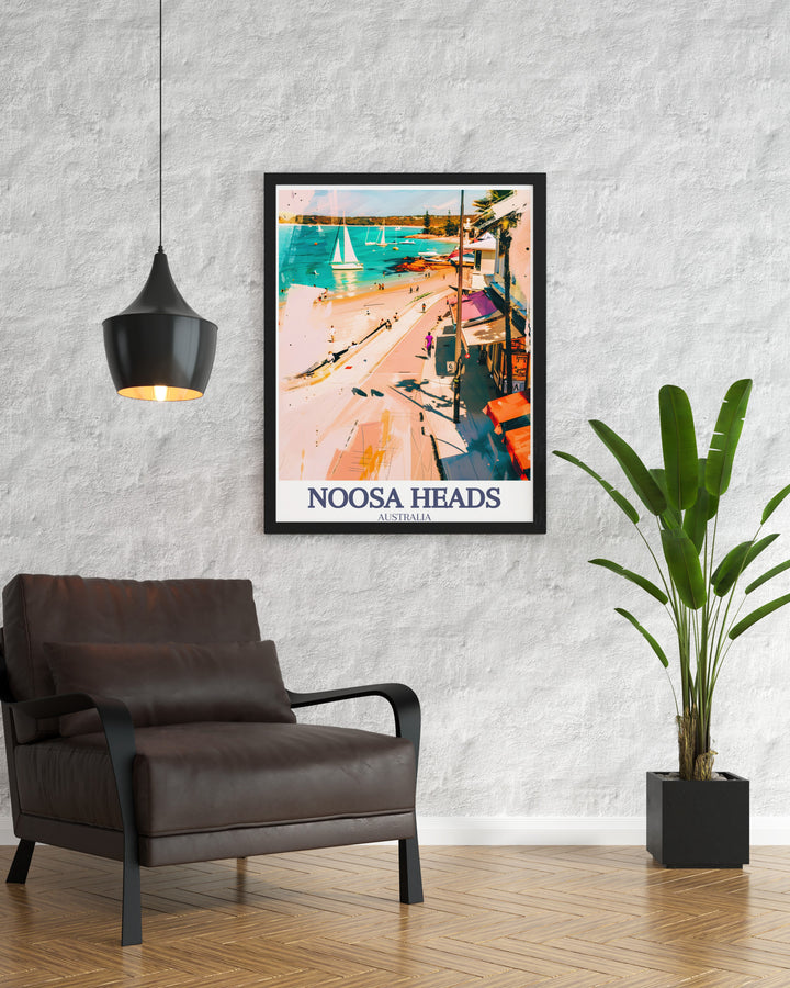 Noosa Heads Poster Print showcasing a vibrant depiction of Laguna Bay and Hastings Street. This colorful art captures the natural beauty of Noosas beaches alongside the lively energy of the popular shopping and dining strip. Ideal for lovers of beach towns and travel, this piece brings the charm of Noosa into your home.