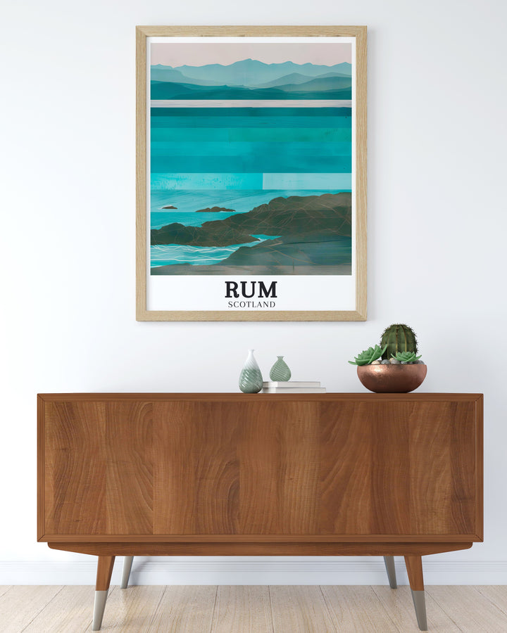 The Isle of Rums unique blend of natural beauty and historic grandeur is brought to life in this travel print, featuring the iconic Askival peak and Kinloch Castle. A stunning piece for lovers of Scotlands landscapes.