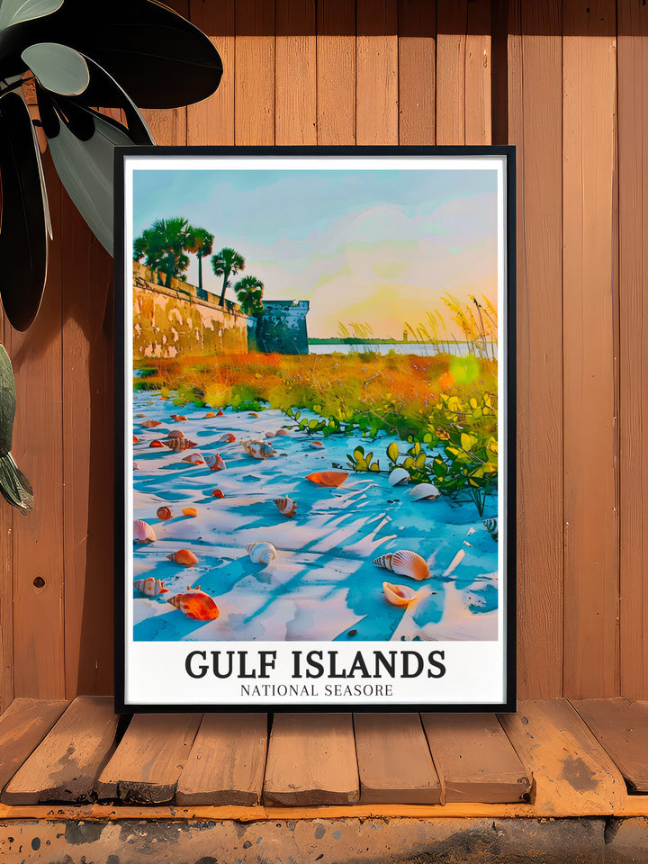 This Pensacola Bay travel print celebrates the bays serene waters and picturesque surroundings. The print offers a perfect blend of natural beauty and tranquility, making it an ideal piece for anyone who has visited or dreams of visiting Pensacola Bay. With its soft hues and coastal theme, this print complements any beach inspired decor.