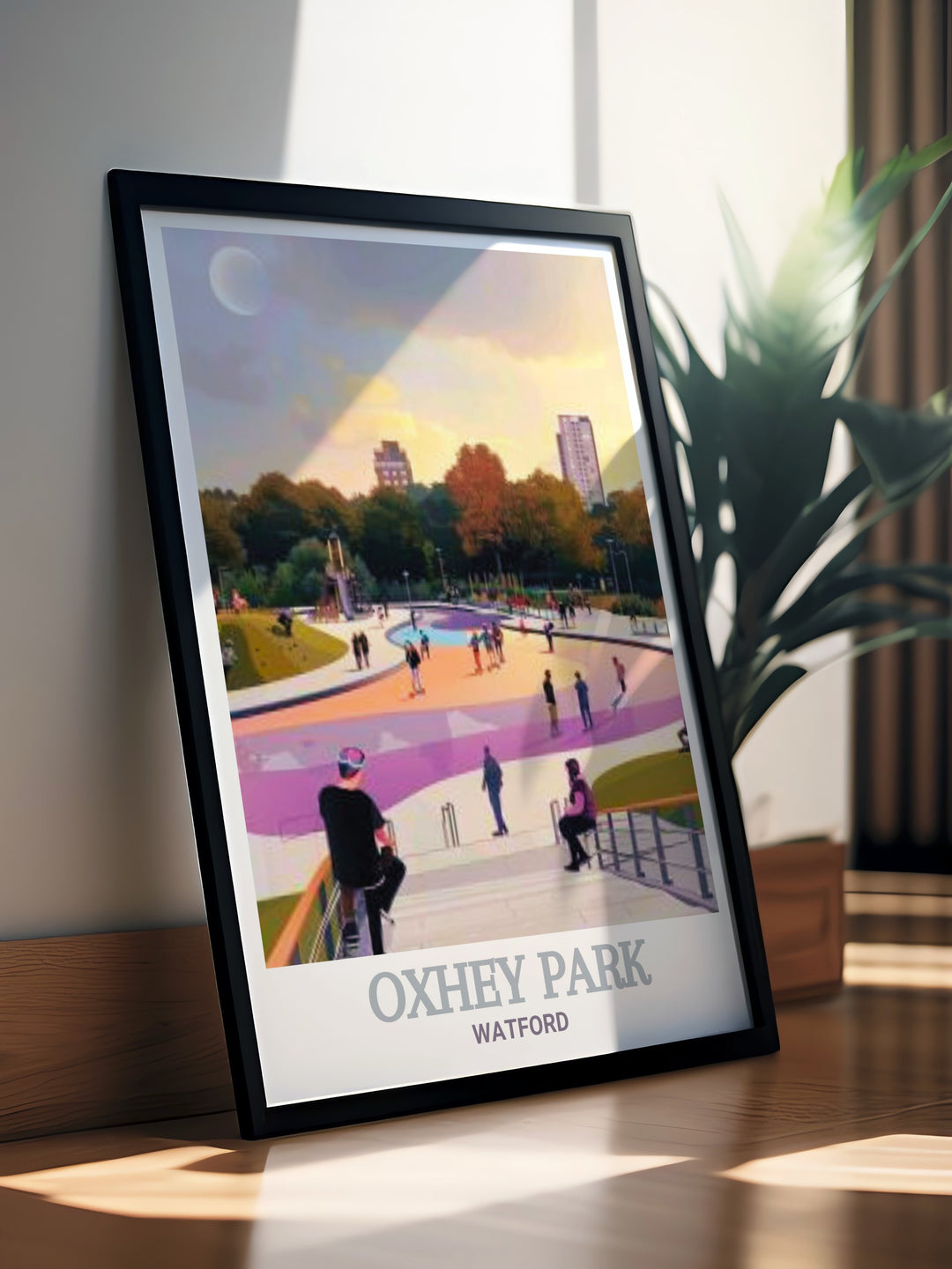 Oxhey Park Skate Park Modern Prints offer an eye catching addition to any living space with bright colors and sharp details that highlight the unique blend of nature and urban energy found in this beloved Watford park perfect for elegant home decor.