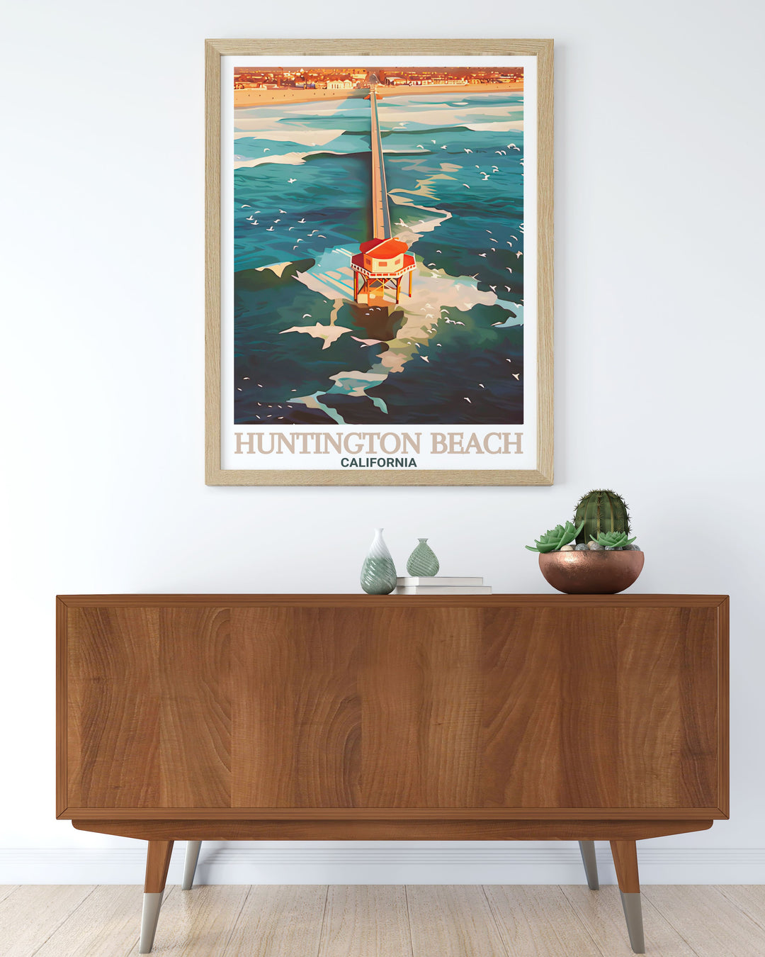 Huntington Beach Pier is the star of this wall art, capturing the sun, surf, and iconic landmarks of California. A great print for beach themed rooms or as a gift for those who enjoy the spirit of adventure.