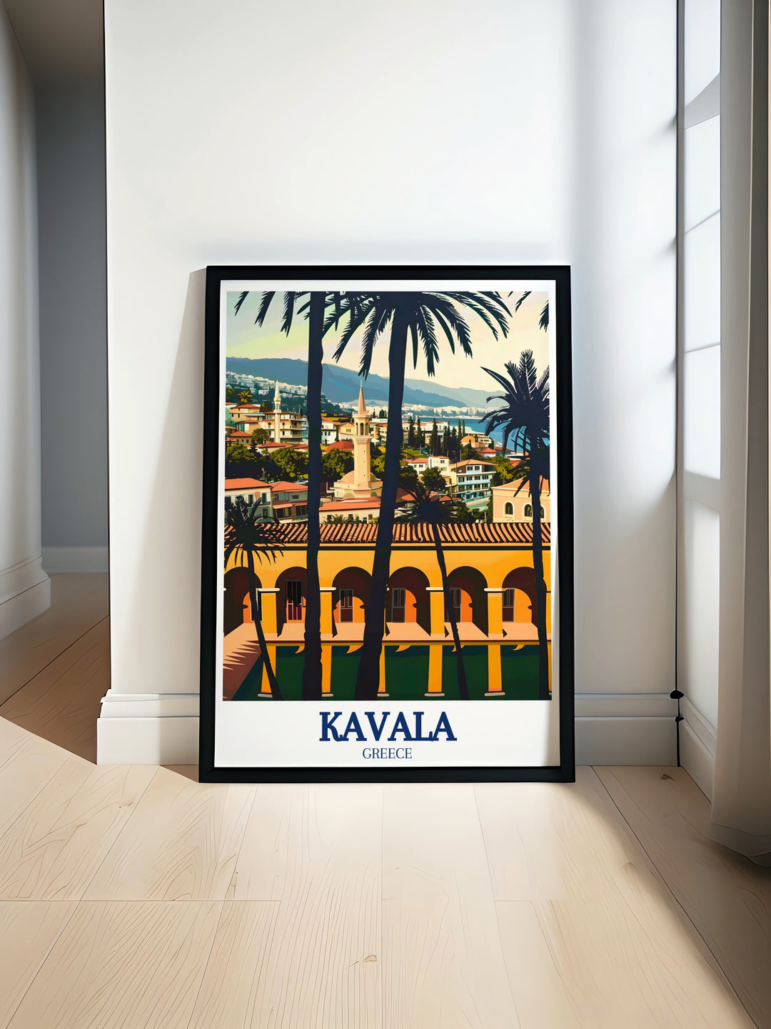 Kavala Travel Poster featuring the iconic landmarks of Kavala, including the majestic Imaret and the historic Old Town, ideal for travelers who want to preserve their memories of Greece.