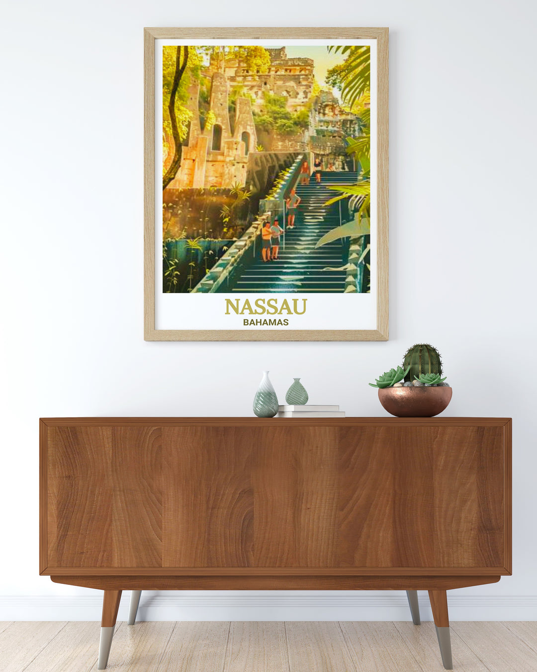 Caribbean Canvas Art featuring Nassaus Queens Staircase, a unique piece of history in the heart of the Bahamas. This art showcases the lush greenery that surrounds the historic steps, offering a calming yet powerful tribute to the Caribbeans rich past.