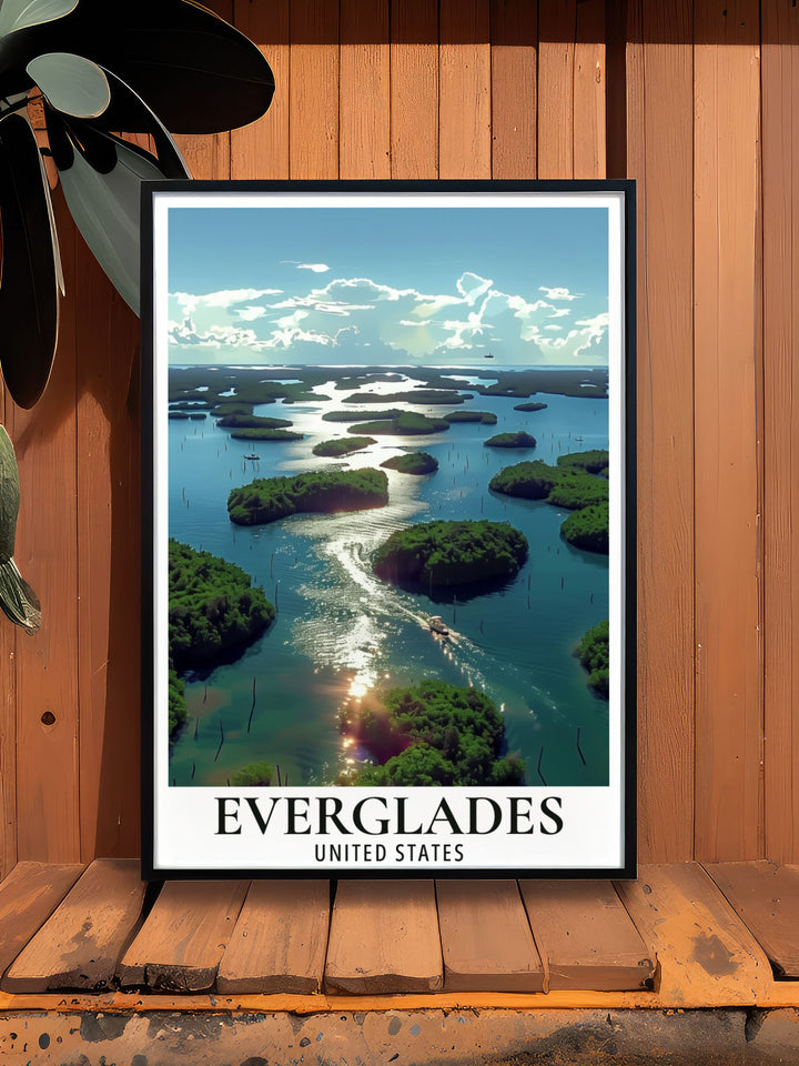 Everglades Print showcasing the iconic landscapes and wildlife of Floridas National Park. Perfect for adding a touch of nature to your home. This artwork also features the captivating 10 thousand islands, capturing the essence of adventure.