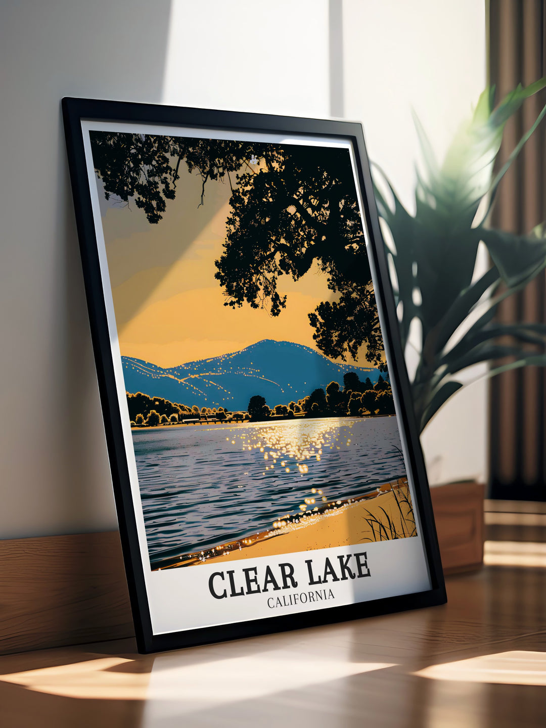 This custom poster of Clear Lake beautifully captures the calm waters, framed by the towering Mount Konocti and the quaint town of Clearlake Oaks. A perfect gift for travelers and outdoor enthusiasts who appreciate Californias stunning landscapes.