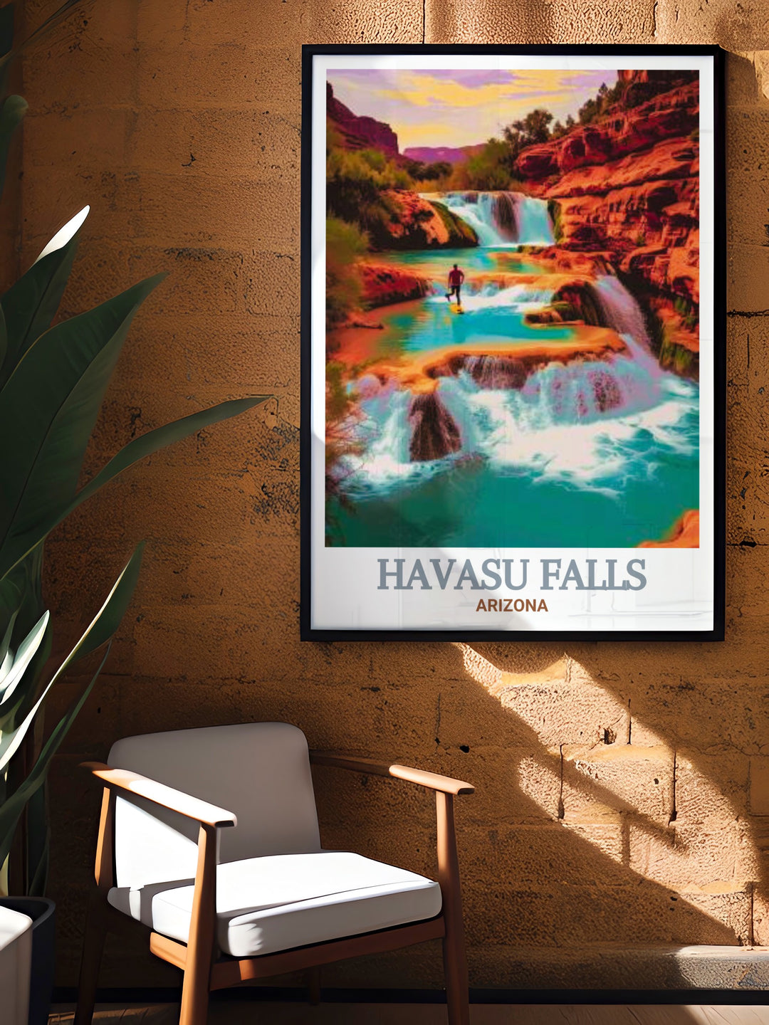 A captivating Arizona poster depicting Beaver Falls in all its natural glory, with intricate details that showcase the lush greenery and tranquil waters. This artwork is perfect for creating a serene atmosphere in your home.