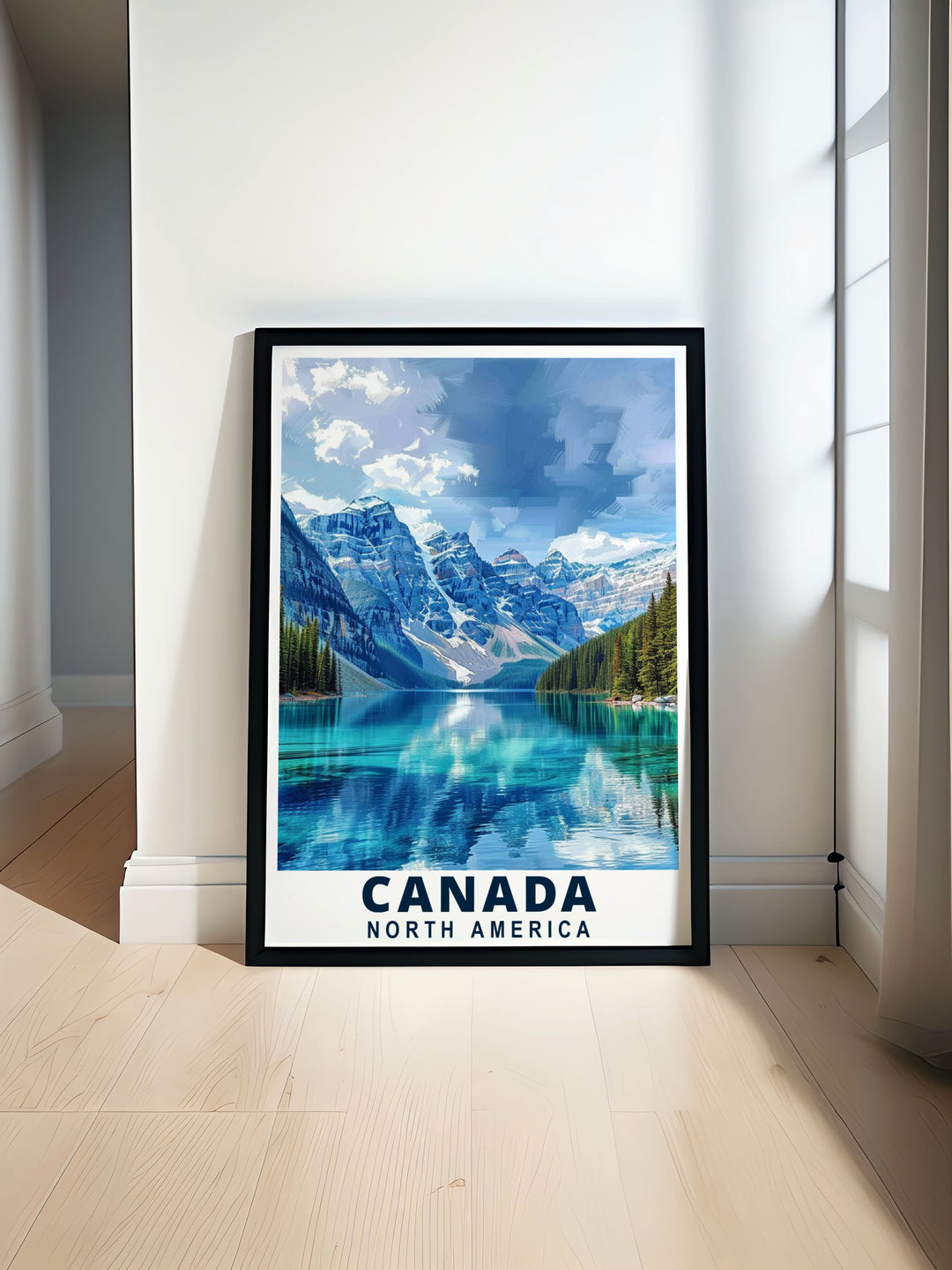 The picturesque scenery of Banff National Park and the iconic Lake Louise are featured in this vibrant travel poster, perfect for adding Canadas unique charm and heritage to your home.