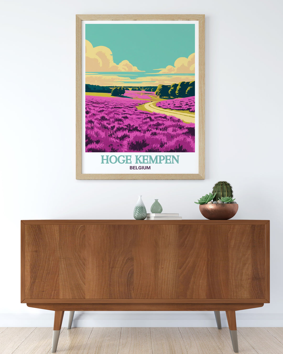 Celebrate Belgiums natural beauty with a detailed travel print that highlights the expansive vistas of Hoge Kempen and the heather covered hills of Mechelse Heide.