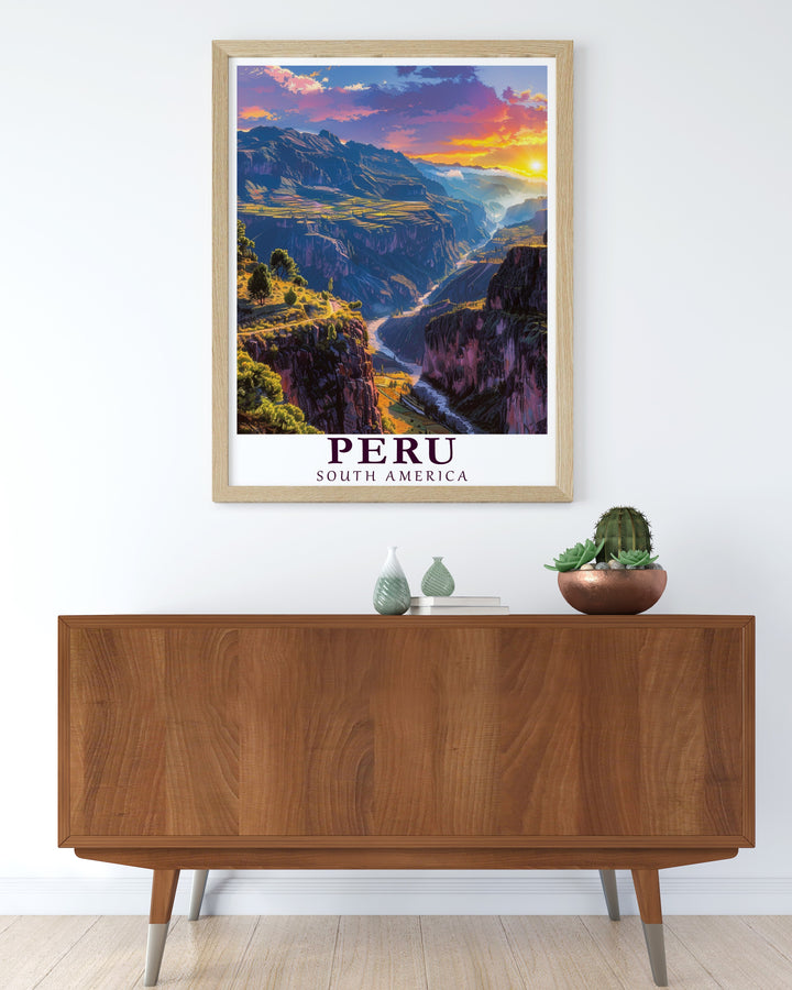 Peru travel poster featuring Colca Canyon and Limas urban landscape. This unique art print is ideal for those who love to explore Perus natural beauty and its capitals rich culture. The stunning visuals of the canyon and city skyline combine to create a timeless piece of décor.