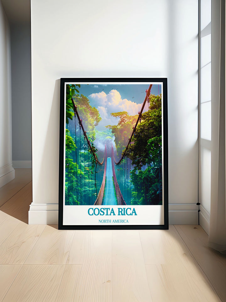 Capture the mystical scenery of Costa Rica with a travel print of Monteverde Cloud Forest Reserve, featuring its lush landscapes and exotic wildlife, perfect for enhancing any room with the beauty of nature.