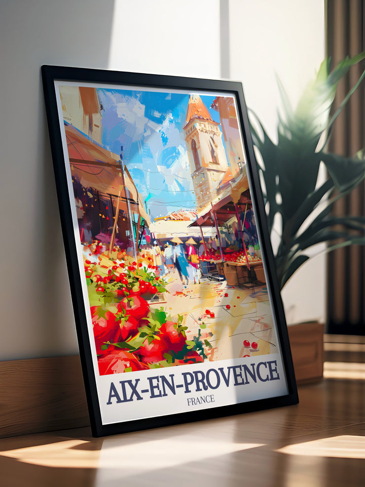 Charming art print of Aix market Town Hall Square featuring colorful depictions of the iconic market and historic square ideal for enhancing your home decor with a touch of Provence