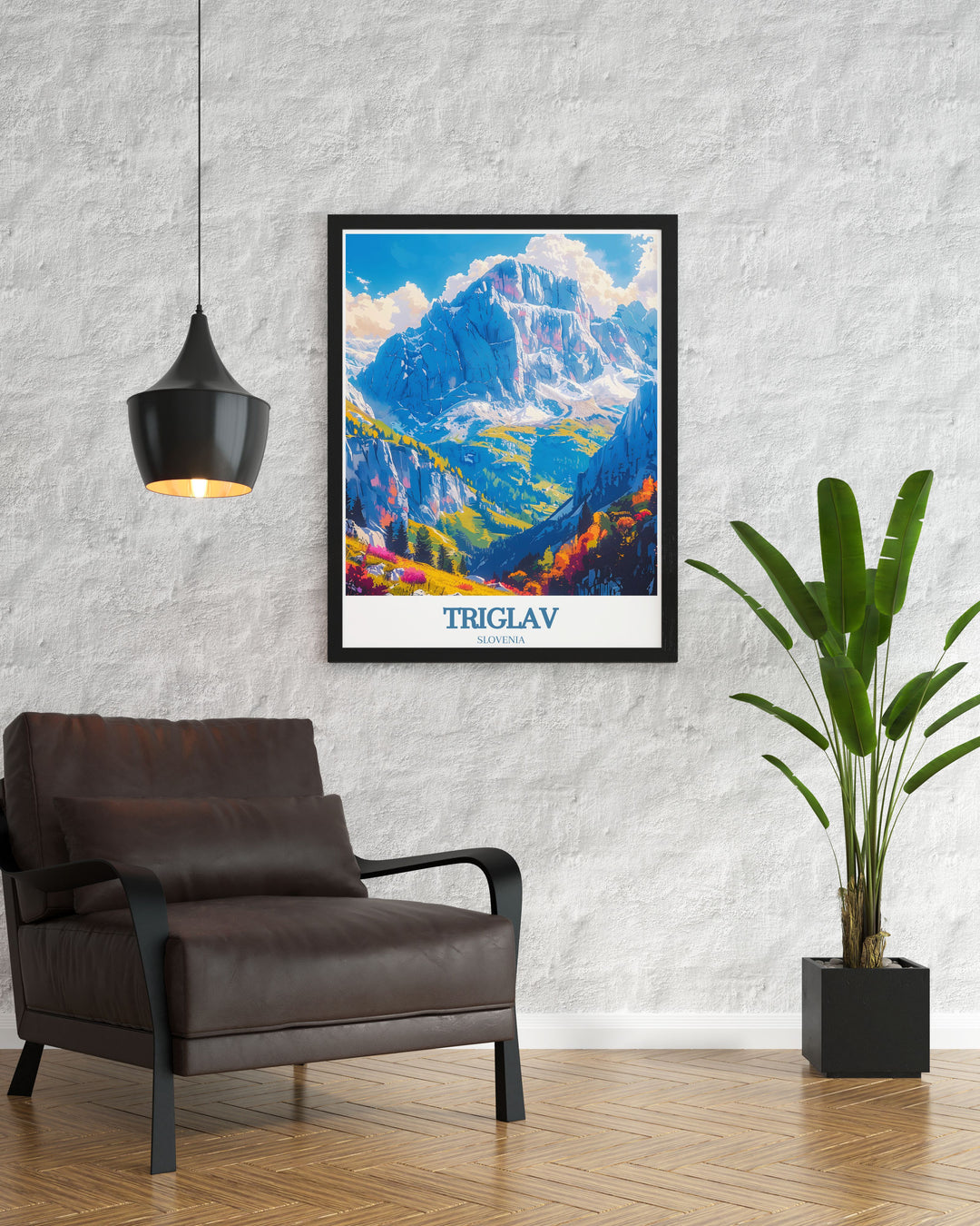 Stunning living room decor featuring Triglav Peak modern art showcasing the breathtaking Mount Triglav in Slovenia ideal for creating an atmosphere of serenity and adventure in your home or office space.