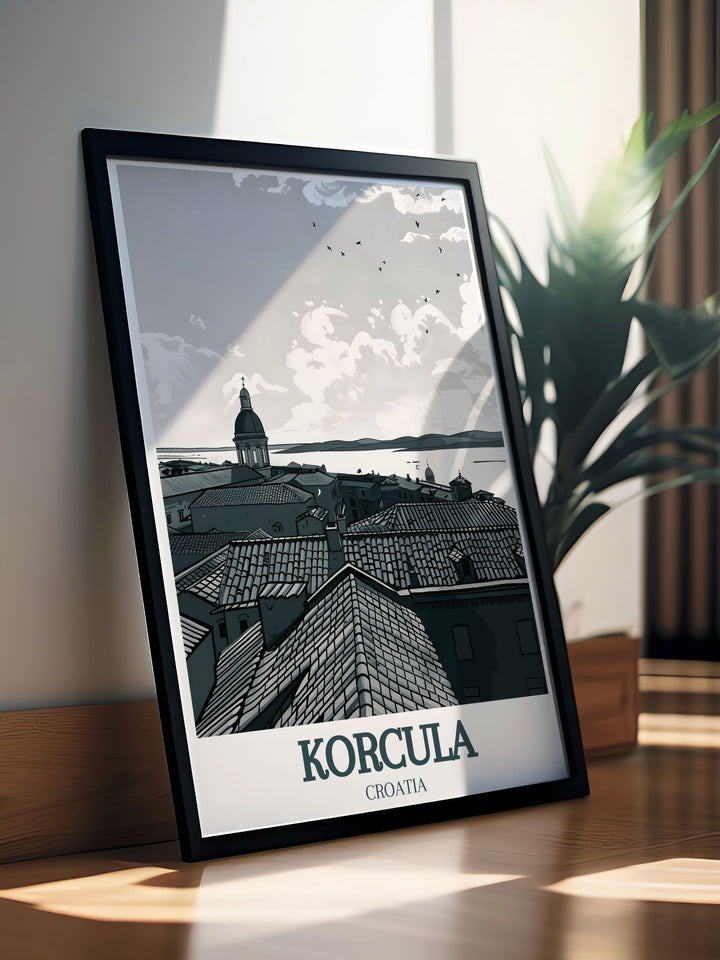 Elegant Korcula travel art displaying St. Marks Cathedral and the Adriatic Sea adds a touch of history and beauty to your space. This stunning wall print makes a meaningful gift for those who appreciate architecture and coastal landscapes.