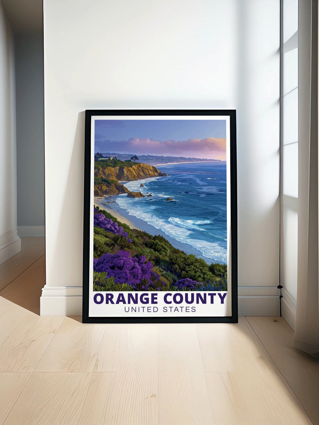 Orange County travel poster highlighting the best of Californias coastal beauty and dynamic cities. This minimalist print captures the essence of Orange County in a sleek, modern design. Perfect for personalized gifts, this poster is available as a digital download or framed wall art for home décor.