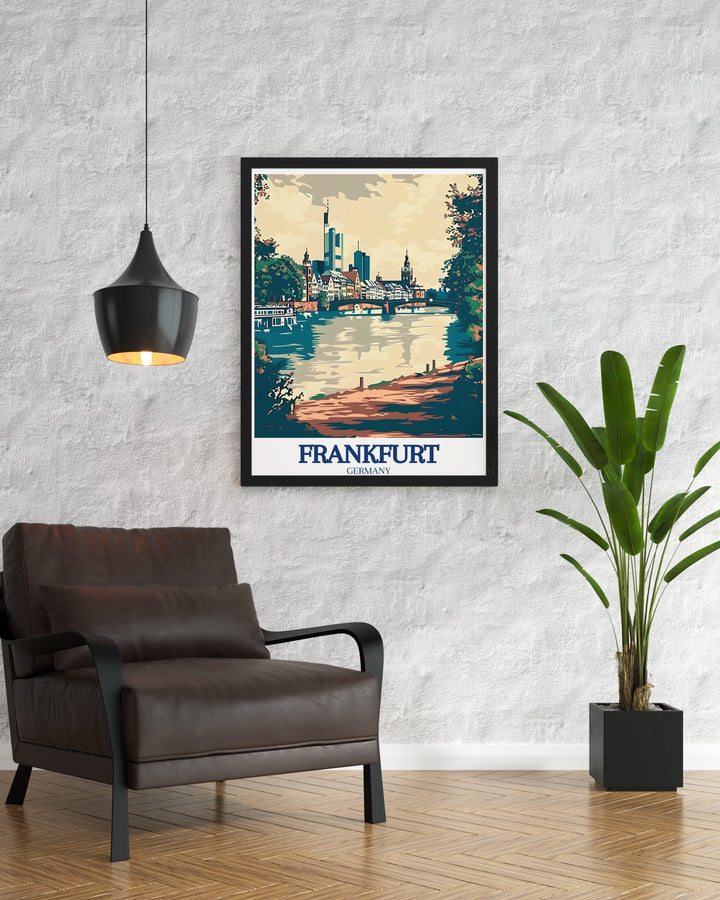 This travel print offers a unique perspective on Frankfurts Eiserner Steg and River Main, with the bridges structure beautifully framed by the flowing river. The artwork adds a touch of German elegance to any room, making it a great choice for those who love the blend of history and modern urban landscapes.