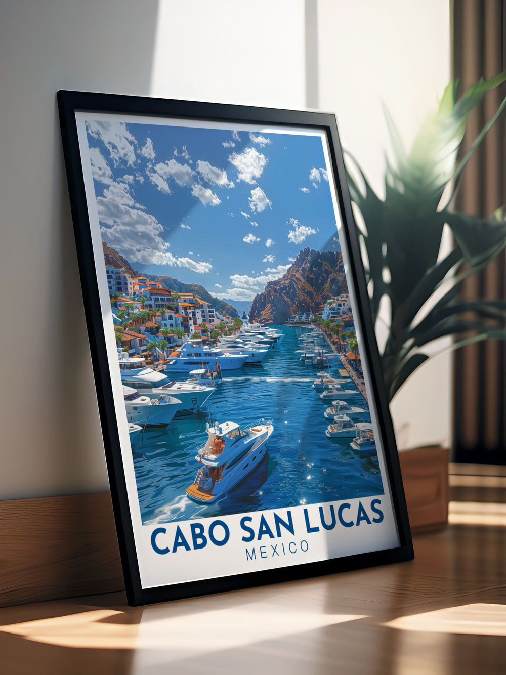 Marina Cabo Lucas modern art print in elegant black and white style Ideal for living room or office decor this Cabo San Lucas photo captures the lively atmosphere of the marina making it a perfect wall décor piece for any home or workspace