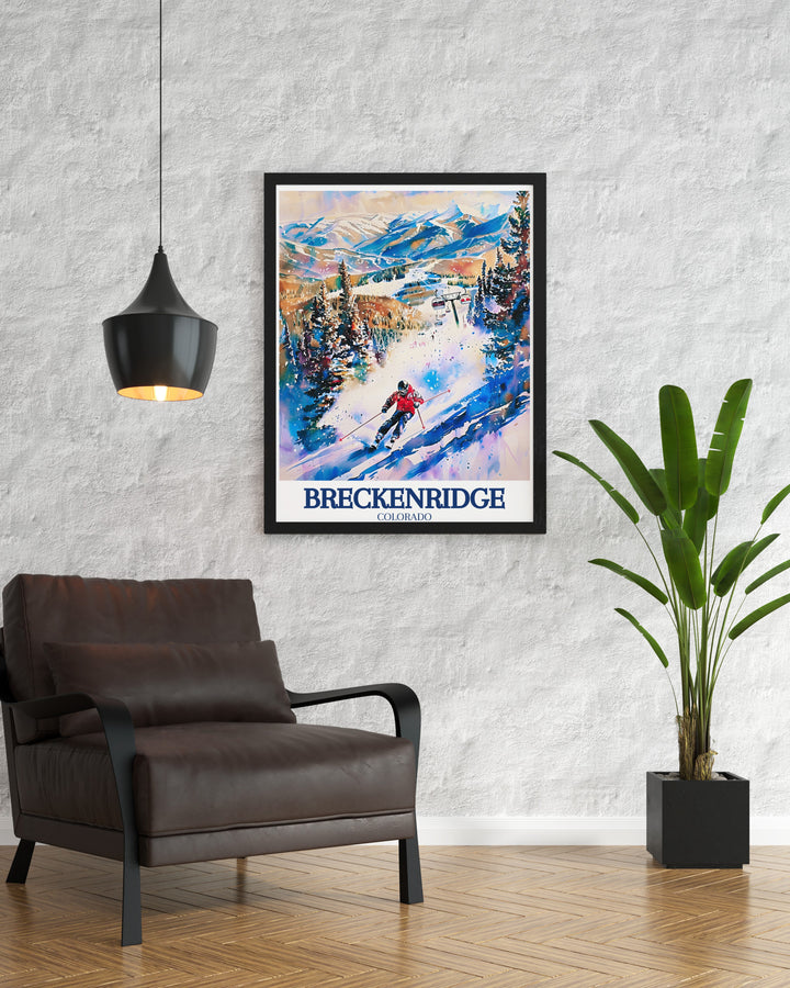 Breckenridge poster print offers a stunning view of Peak 8, capturing the vibrant energy and beauty of the Breckenridge Ski Resort. This travel print is a wonderful addition to any collection, celebrating Colorados alpine heritage.