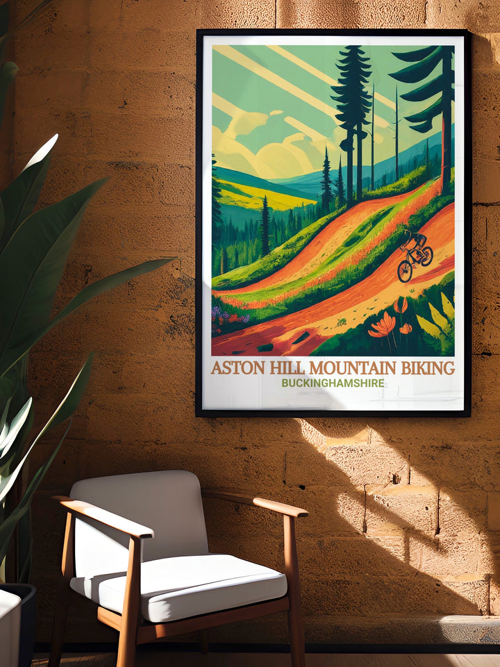 Mountain Biking Art featuring Downhill Trails and Aston Hill MTB ideal for fans of the sport Wendover Poster and Chiltern Hills AONB are beautifully depicted in this Mountain Bike Print perfect for adding dynamic decor to any room