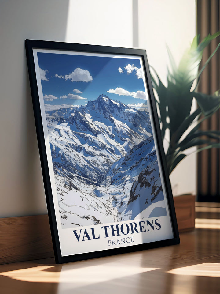 Decorate your walls with this vibrant Val Thorens poster, showcasing the snowy peaks of Cime Caron in France. This travel art is designed for those who love skiing and the breathtaking beauty of alpine regions, making it a timeless addition to your decor.