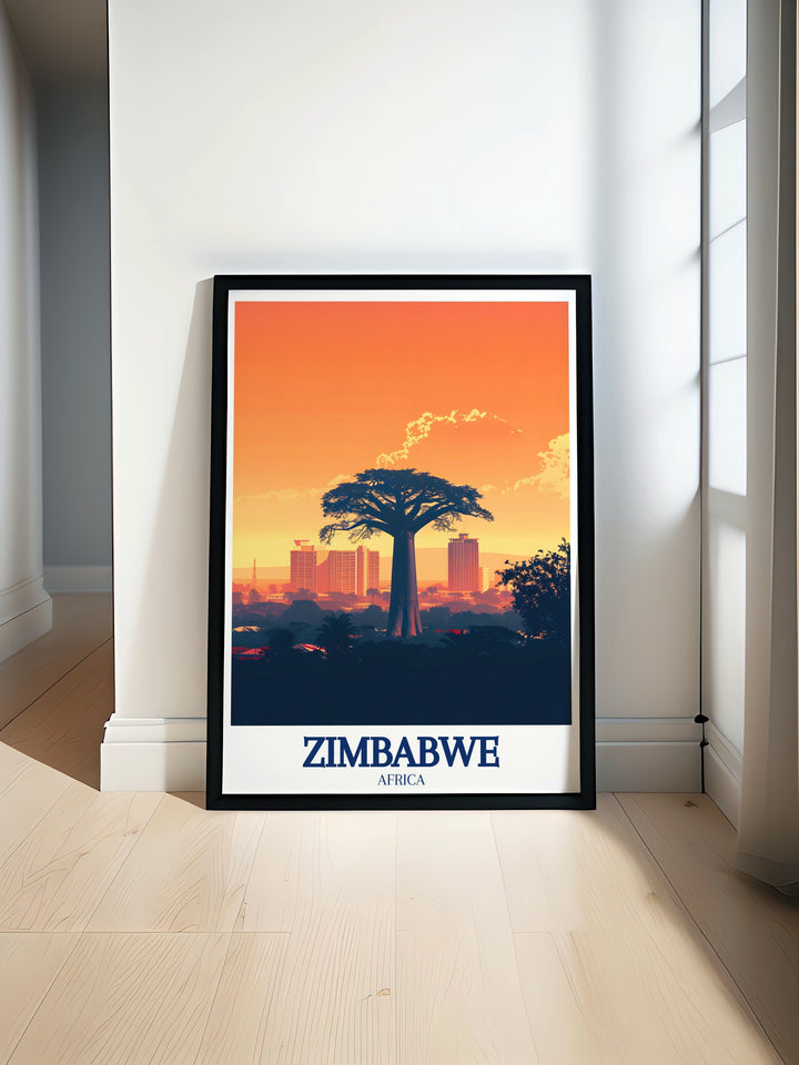 A beautiful Harare poster showcasing the impressive skyline and iconic buildings of Zimbabwes capital. This print is perfect for anyone looking to celebrate their love for travel and the beauty of urban landscapes.