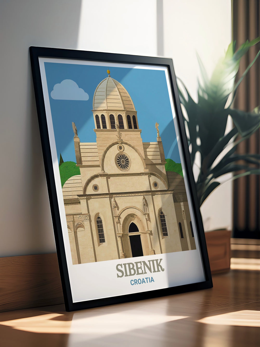 Custom print of Sibenik, Croatia, featuring the iconic St. James Cathedral and the picturesque streets of the town. This detailed artwork adds a personal touch to your home decor, making it a thoughtful gift for travel lovers and history buffs alike.