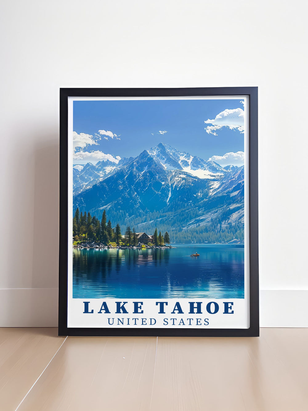 Enhance your living room with a Lake Tahoe Art Print showcasing the tranquil waters and lush surroundings in stunning Sierra Nevada hues