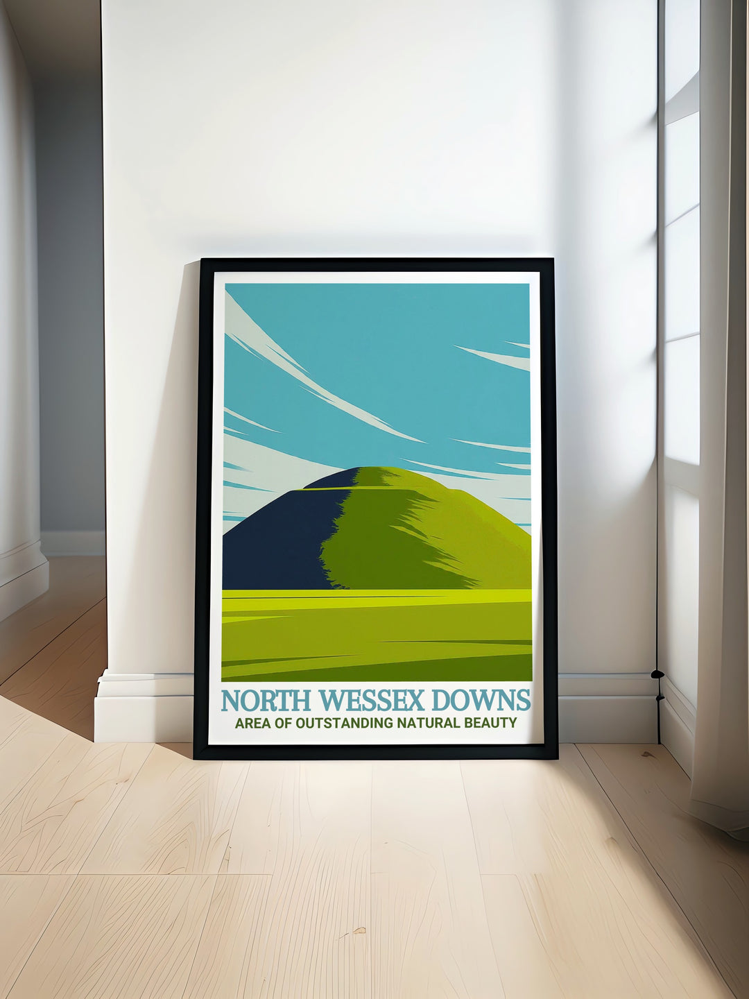 North Wessex Downs art print featuring Silbury Hill in all its glory. This detailed poster offers a breathtaking view of the landscape, making it an ideal addition to the home of anyone who appreciates history and nature combined in one stunning scene.