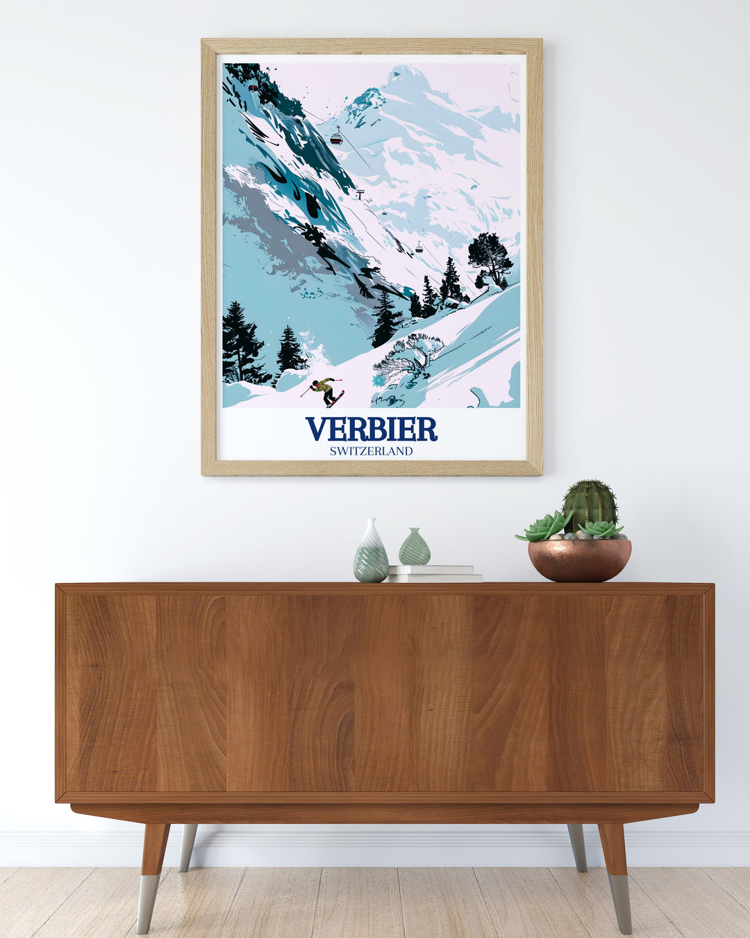 Verbier 4 Vallées travel poster captures the vast beauty and excitement of this renowned ski resort in Switzerland. The detailed artwork showcases the thrilling slopes and breathtaking scenery, perfect for those who want to bring the adventure of the Swiss Alps into their home.