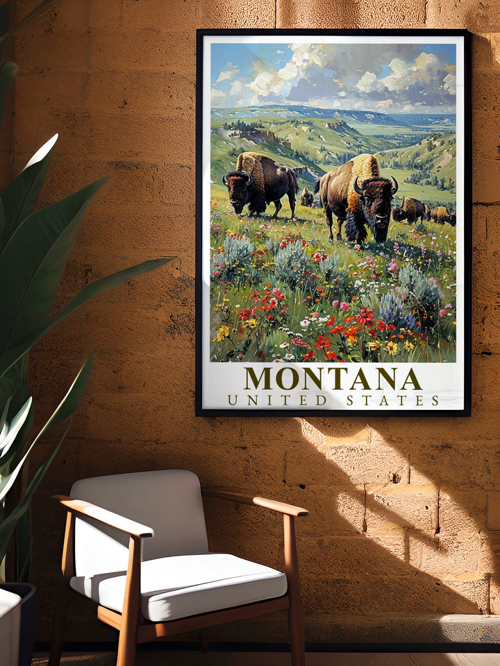 Montana Poster Print highlights the majestic Yellowstone bison grazing in the vast Montana landscape, bringing the wild beauty of Yellowstone National Park into your home. This travel print is ideal for nature lovers and adventurers, capturing the essence of the American West.