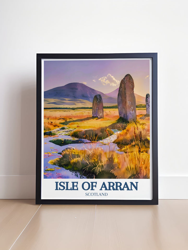 A striking travel print featuring Goatfell, the highest peak on the Isle of Arran. This artwork illustrates the dramatic terrain and expansive views, inviting viewers to appreciate the adventure and beauty that Scotlands landscapes offer.