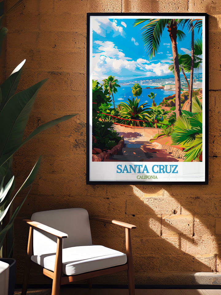 Santa Cruz print featuring the iconic beauty of California coastal travel paired with Palmetum de Santa Cruz prints. Ideal for adding elegance to home decor or as a gift for anyone who loves modern art and California inspired wall art.