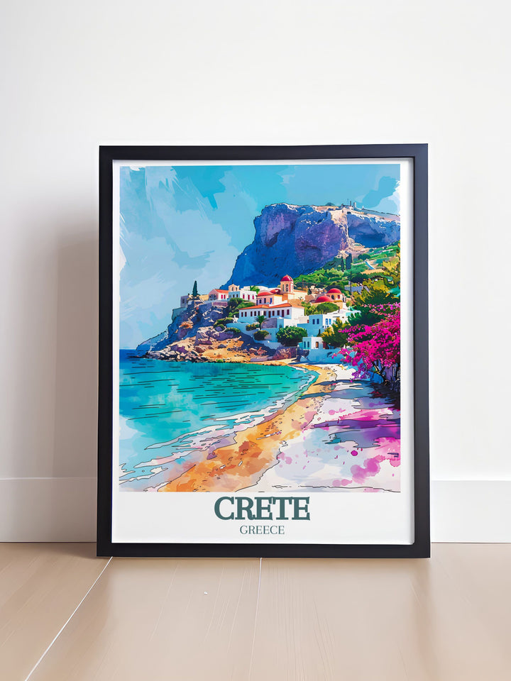This beautiful art print of Balos Beach highlights the beachs iconic pink sands and turquoise waters. Perfect for adding a touch of Cretes natural beauty to your living space, this travel poster is a great gift for those who appreciate stunning coastal landscapes.