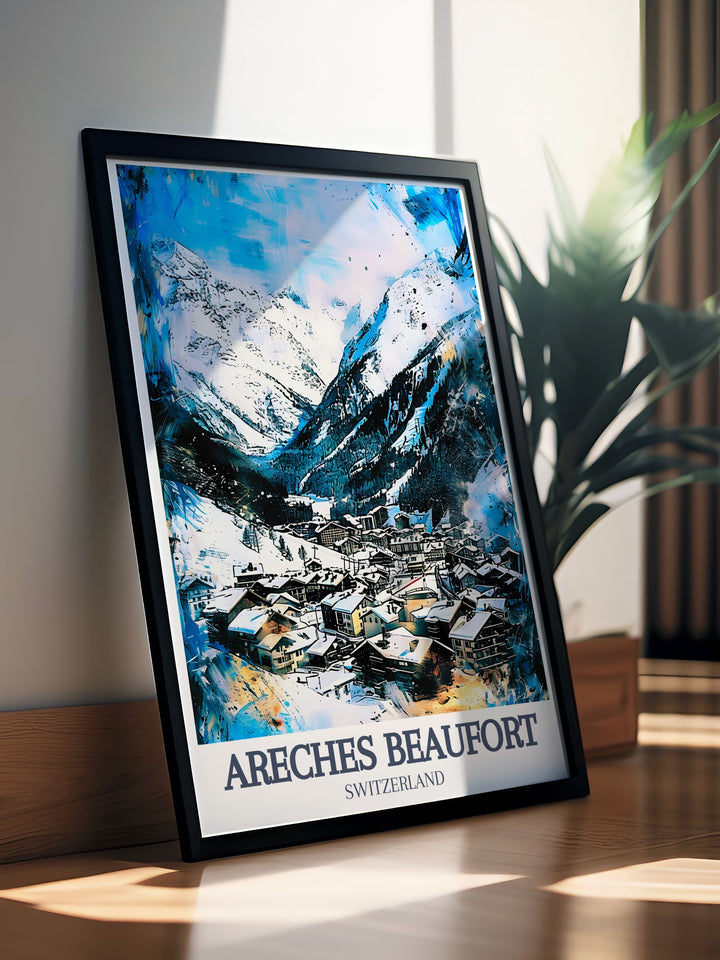 Areches Beaufort Ski Resort Print showcases the elegance of Beaufort Village Grand Mont and the stunning French Alps Perfect for adding a vintage skiing touch to your home this Ski Resort Poster is a great addition to any collection of retro ski posters and wall art