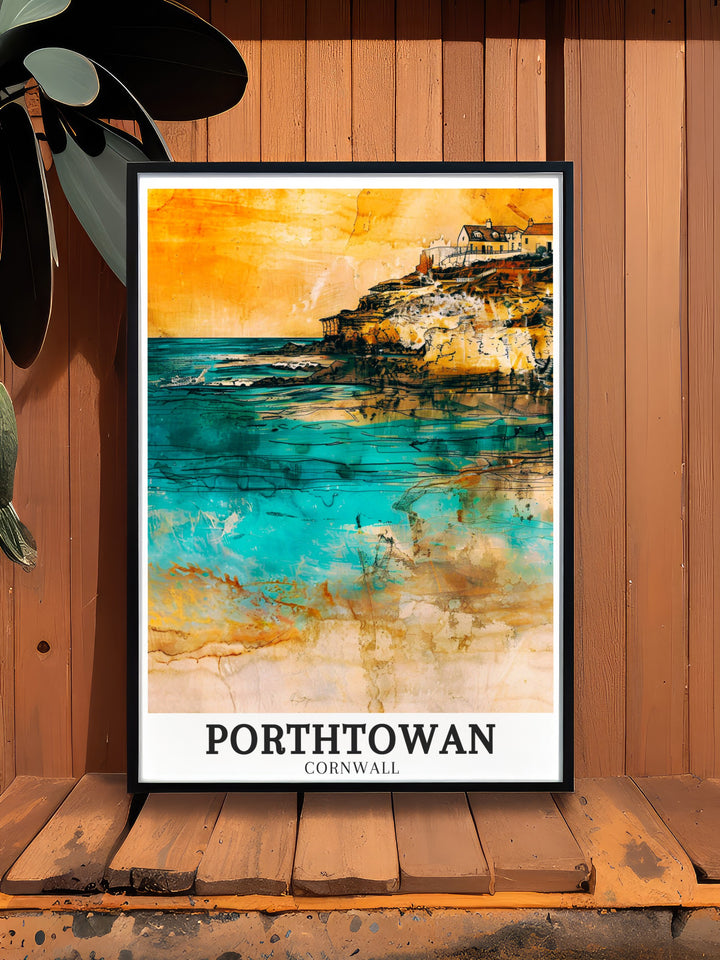 Elegant Porthtowan poster featuring the wild beauty of Porthtowan Beach and the idyllic Porthtowan Village. The print highlights the contrast between the dramatic cliffs and the peaceful village, making it an ideal addition to any Cornwall wall art collection