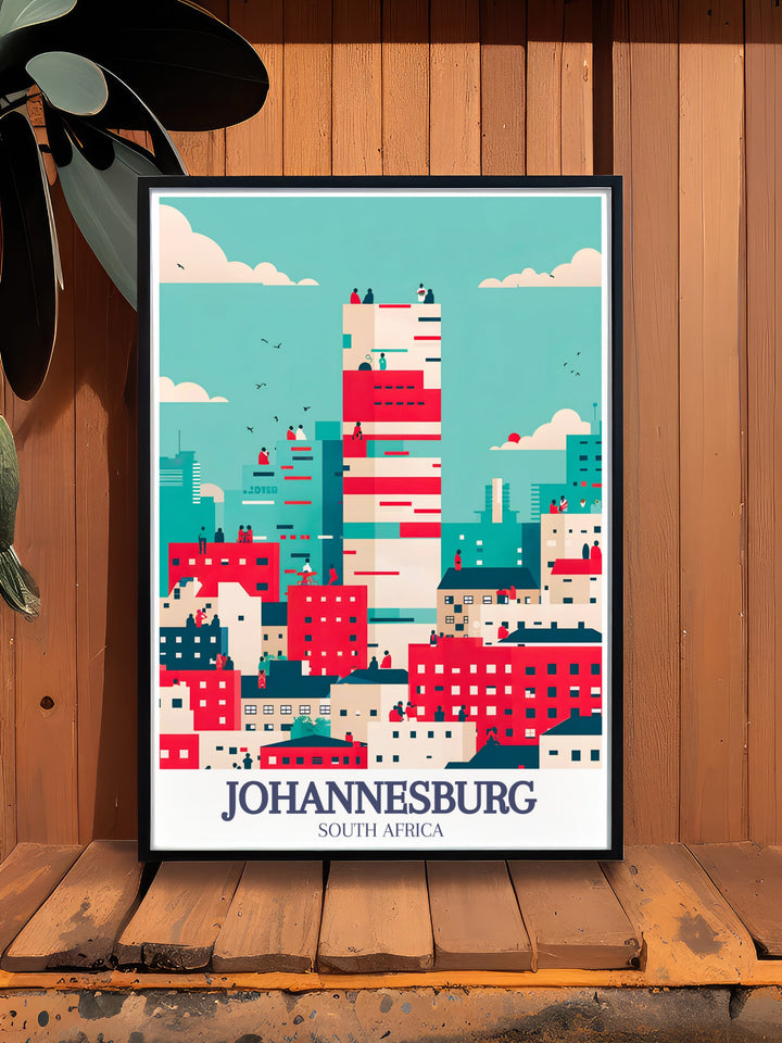 A colorful Johannesburg poster print featuring Ponte City Apartments and the cultural vibrancy of Maboneng Precinct. This travel poster captures the unique skyline of South Africas largest city, perfect for those who love urban art and modern décor. An ideal gift or piece of home décor.