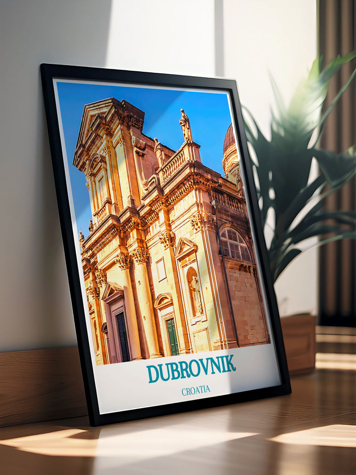 Framed art print showcasing the intricate architecture of Dubrovniks Cathedral, celebrating the beauty and historical significance of Croatias renowned coastal city.