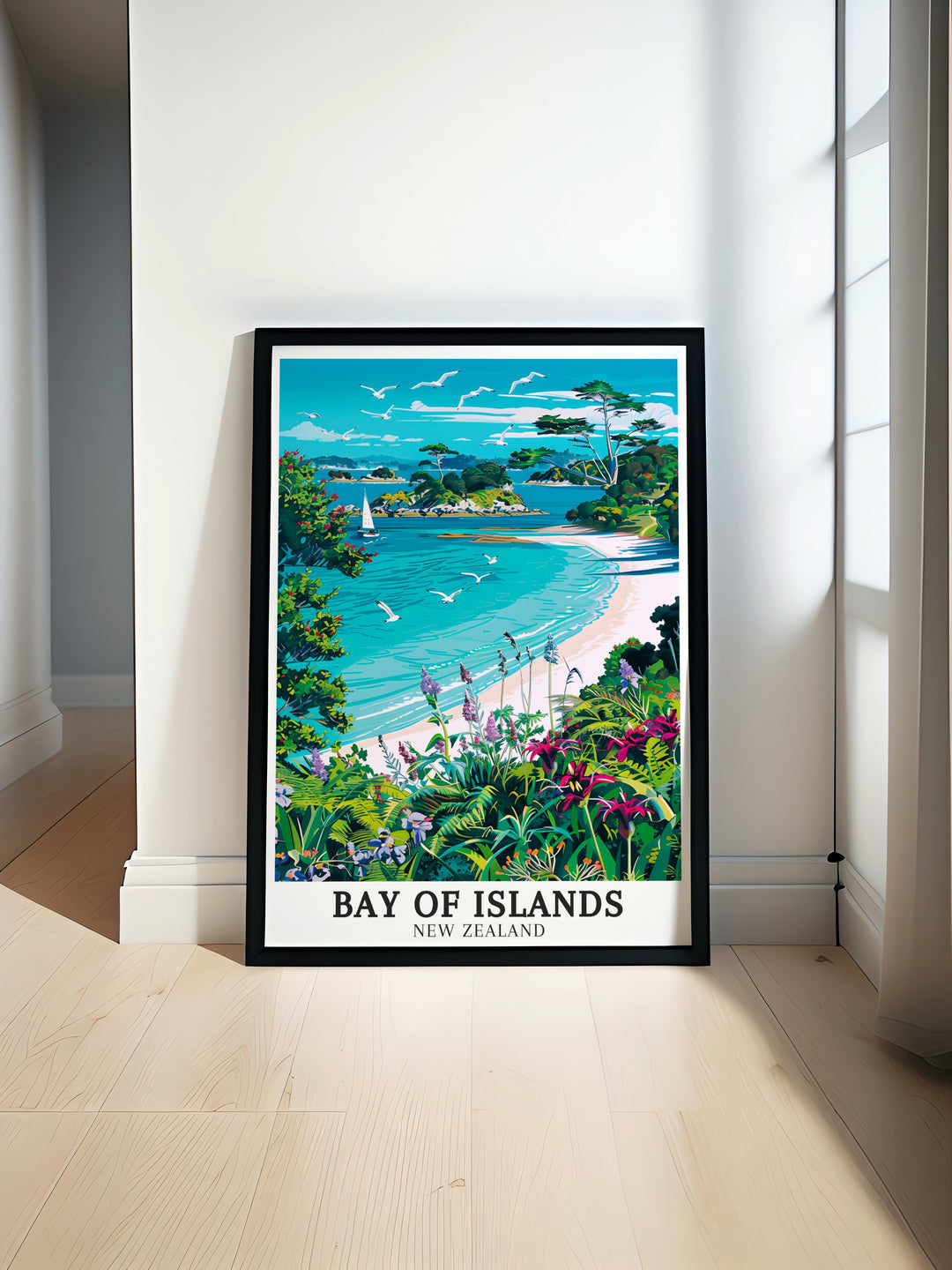 Bay of Islands Travel Poster featuring Urupukapuka Island and Pohutukawa trees a stunning piece of New Zealand wall art perfect for enhancing your home decor with the natural beauty of New Zealands landscapes bringing serenity and tranquility to any space.