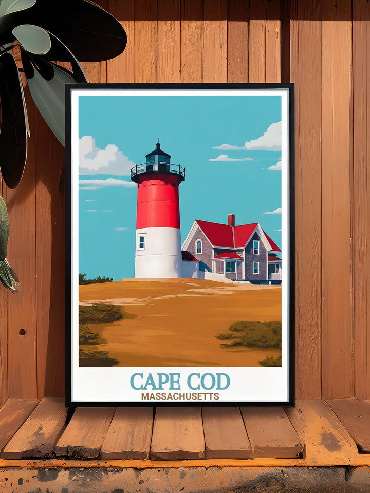 Celebrate the natural beauty of Cape Cod with this colorful travel print featuring Nauset Lighthouse. This detailed art print is an excellent addition to any coastal themed room or a thoughtful gift for lighthouse enthusiasts.