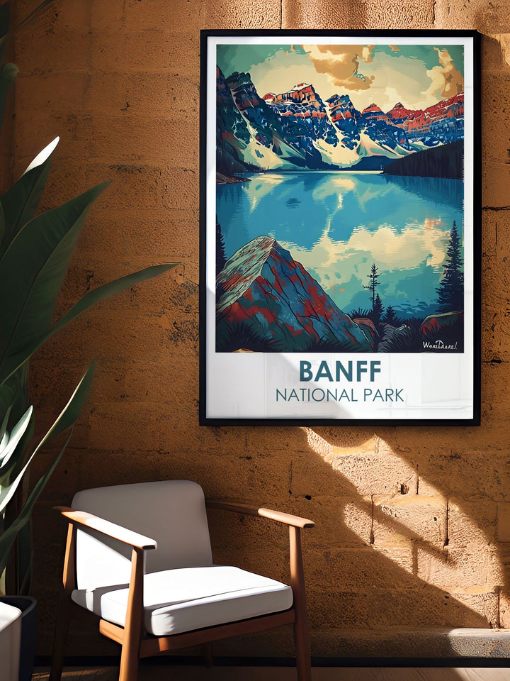 Moraine Lake print capturing a vivid sunset over the lake, ideal for those who cherish dramatic and inspiring natural scenes.