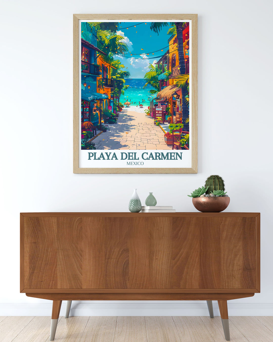 Vibrant Mexico decor showcasing Playa Del Carmens La Quinta Avenida and the Caribbean Sea creating a serene and colorful addition to your home perfect for travel lovers and art enthusiasts.