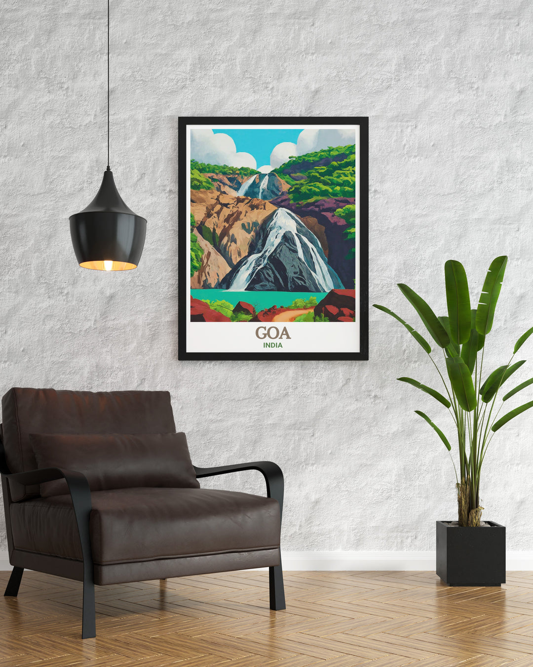 A detailed India travel print showcasing Dudhsagar Falls, known for its powerful and serene cascade in Goa. This print brings the grandeur of one of Indias most famous natural landmarks into your living space, ideal for those who appreciate the beauty of nature and the wonders of the world.